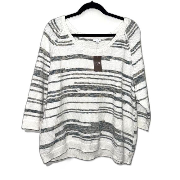 PureJill J. Jill Cotton Blend Striped Sweater - White/Green/Tan XLP - Picture 1 of 8